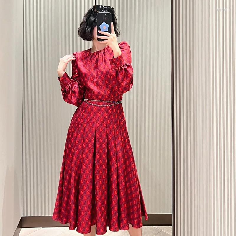 

Casual Dresses 16 Mumme Silk Red Print Dress Bubble Sleeve A-Line Mid-Length Female 2023 Spring Summer