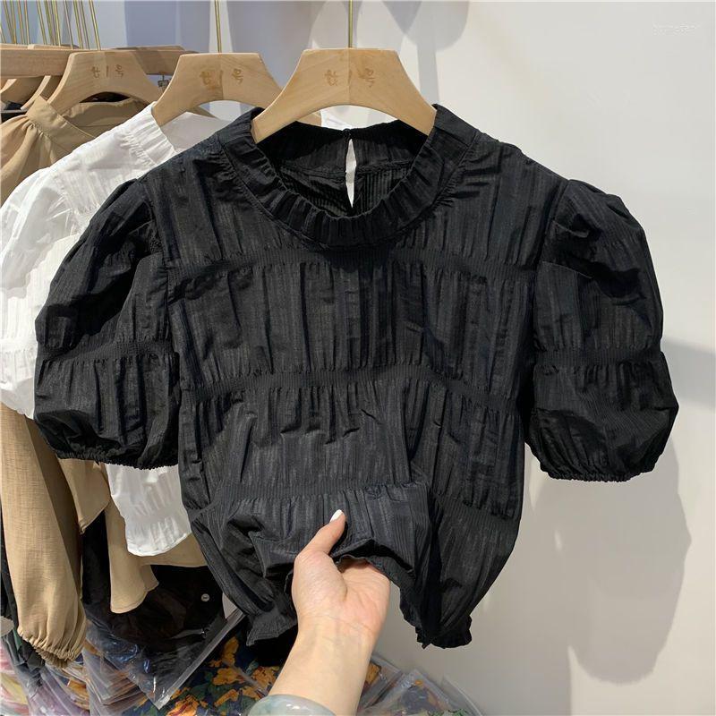 

Women' Blouses Casual Short Sleeve Black Plaid Shirt Blusas Mujer De Moda 2023 Summer Blouse Chic Pleated Crop Tops White Doll Shirts Women