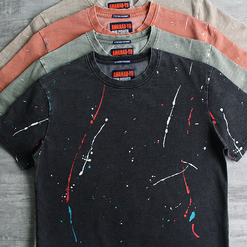 

Men s T Shirts Summer Paint Throwing Ink Splashing Heavy Industry T Shirt Fashion Retro Pure Cotton Washed Old Short Sleeve Casual Tops 230420, Black