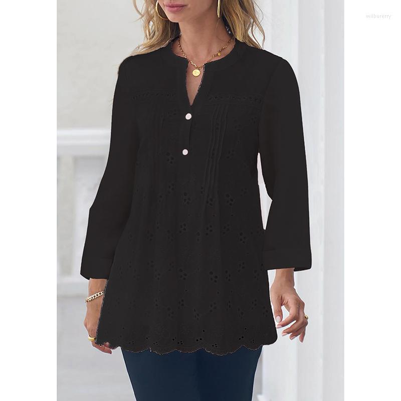 

Women's Blouses Women Shirt V-neck Blouse Leisure Embroidered Rippled Hollow Out A Button Round Collar Pullover, Sky blue