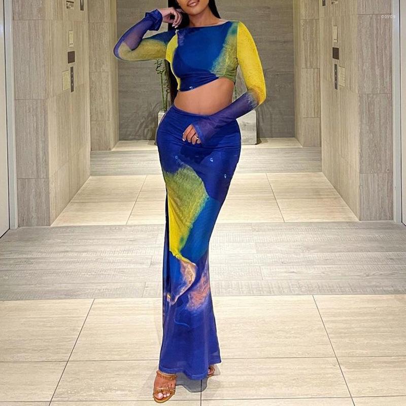 

Two Piece Dress Boho Blue Tie Dye Leisure Set Women Skirt Sets Flare Sleeve Pleated Crop Top Shirt High Waist Fashion Two-piece Suits