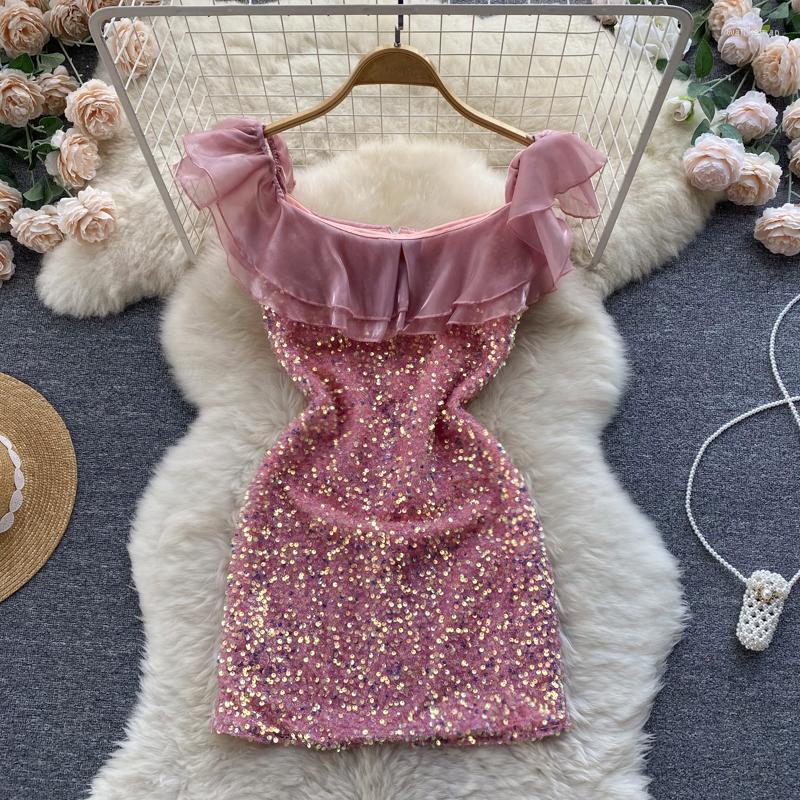 

Casual Dresses Spring And Summer Korean Version Of Fashion Sweet Ruffled One-word Collar Dress Female Heavy Industry Sequins Slim Skirt, Pink