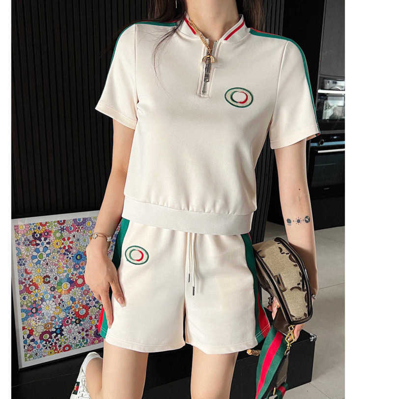 

23ss Casual suit womens designer clothing Ribbon splicing logo embroidery Stand collar Half zipper Short sleeve tightness drawstring shorts set Women Clothes a1, 14
