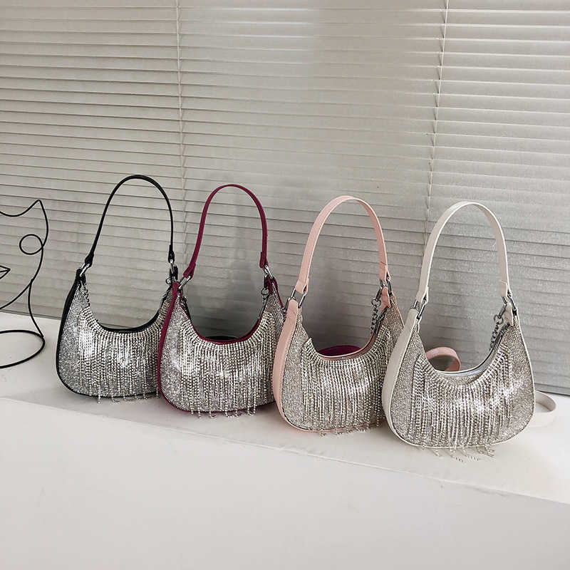 

Shoulder Bags Water Diamond Bright Women s 2023 Unique Tassel Handheld Underarm Small One Crossbody Crescent 230420, Pink8