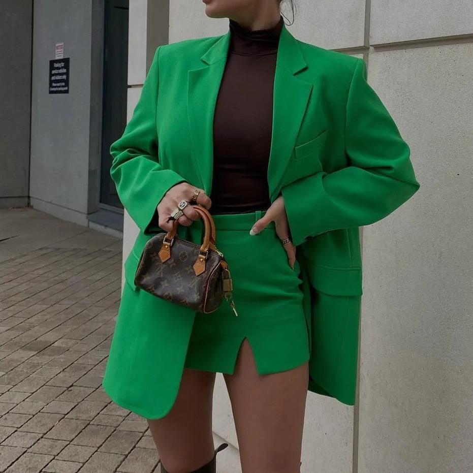 

Pants WOMEN' SUITS WITH SKIRT 2022 GREEN STRAIGHT BLAZER SET 2 PIECES SKIRT MINI MIDWAIST SLIT FASHION HIGH STREET CASUAL CHIC