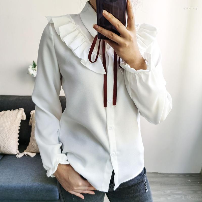 

Women' Blouses Women Turn Down Collar Ruffled Chiffon Bow Long Sleeve Tops Ladies Casual All Match Solid Color Shirt, White