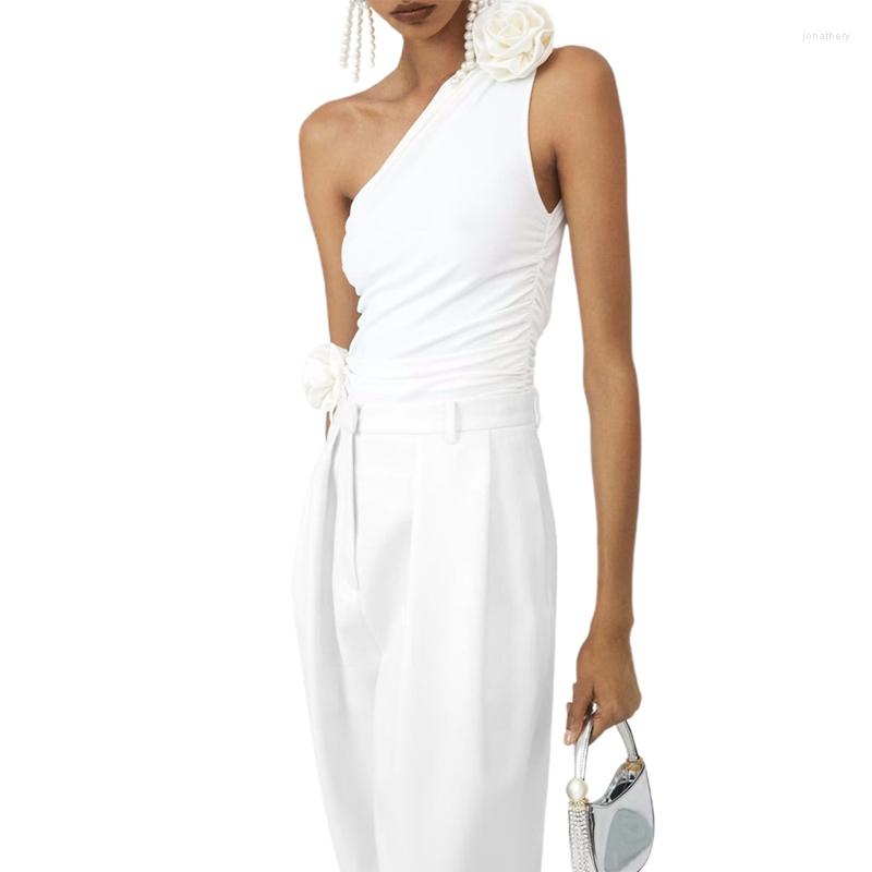 

Women' Tanks Fashion Asymmetrical Summer One Shoulder Solid Color Tops For Women Sleeveless Three-dimensional Rose Flower Ruched, Black