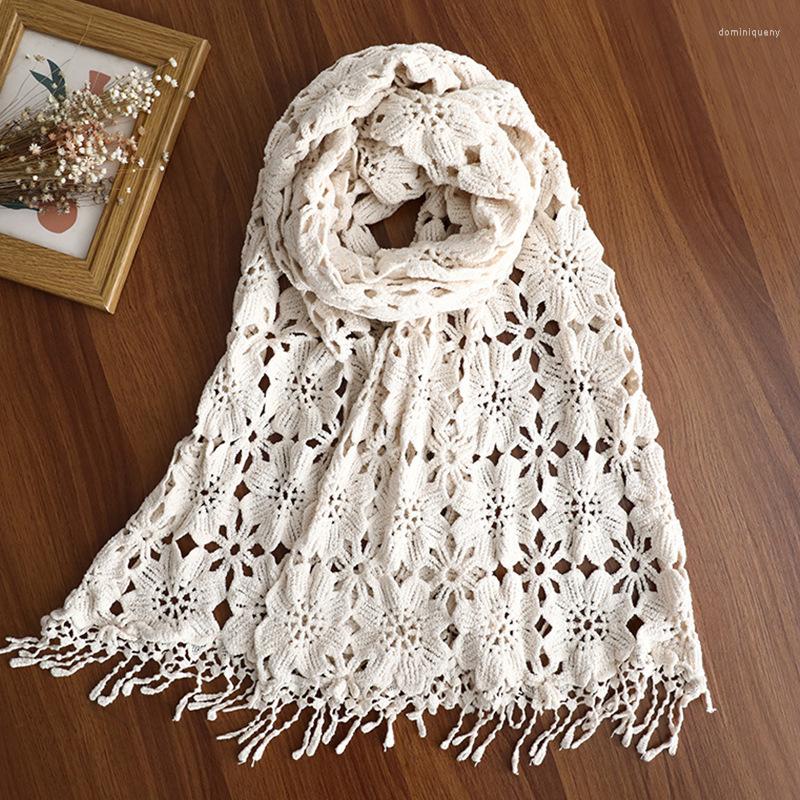 

Scarves Handmade Crochet Scarf Women Winter Knitted Hollow Wraps Shawl Long Warm Cotton Designer Bufandas Female Foulard