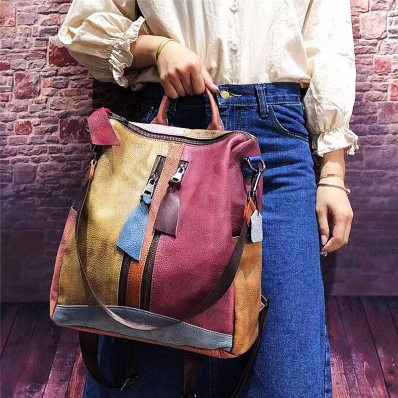 

School Bags Nesitu Unique High Quality Large Capacity A4 Vintage Colorful Genuine Leather Women Backpack Female Girl Lady Shoulder M521, Picture shown