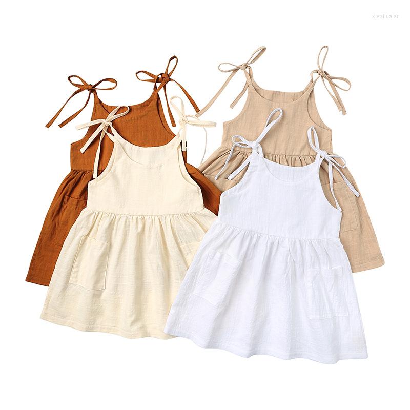 

Girl Dresses Summer Toddler Girls Baby Solid Color Cotton Linen 2 Side Pockets Sling Dress Lace-up, Khaki