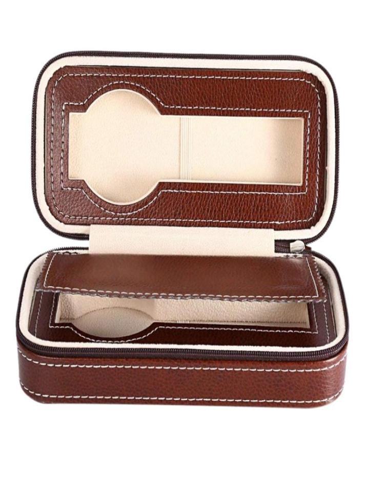 

2 Grids PU Leather Travel Watch Storage Case Zipper Wristwatch Box Organizer1286424