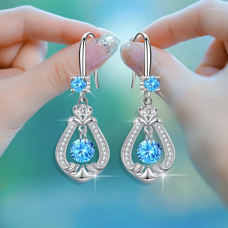 

Dangle Earrings Silver Color Trendy Blue White Pink Luxury Crystal Water Drop For Women Female Jewelry KY001
