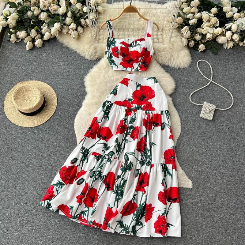 

Work Dresses Runway Summer Maxi Skirt Top Suit Two Pieces Womens Outfits Fashion Floral Print Spaghetti Strap Holiday Beach Dress Set M530, Pink