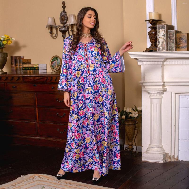 

Ethnic Clothing Abaya For Women Loose V-neck Long Dress Floral Gown Spring Printed Satin Festival Kaftan Turkey Dubai Moroccan Caftan