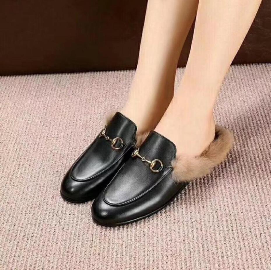 

Women039s Shoes Fur Mule Leather slippers Women039s Slippers Single Shoes fashion outdoor slippers With receipt dust bags b5896687, Black