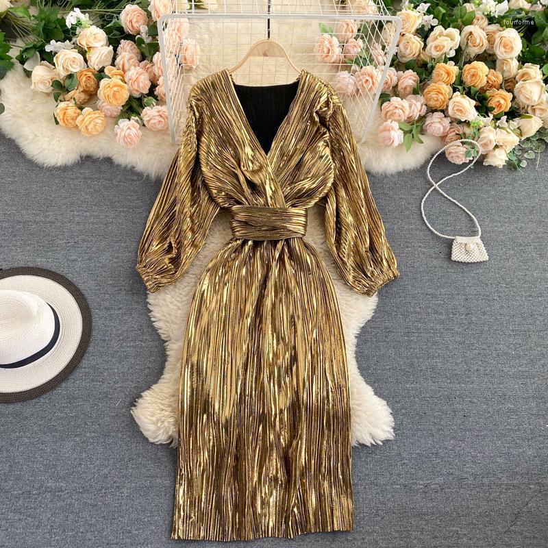 

Party Dresses Cocktail Luxury Elegant Dress For Women 2023 Sexy V Neck Gold With Waist Belt Robes Puff Sleeve Slim Mother Of The Bride