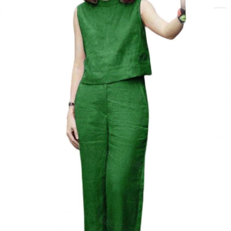 

Women' Two Piece Pants 2 Pieces Sets For Women Summer O-neck Sleeveless High Waist Pockets Lady Outfit Solid Color Short Vest Wide Leg Long, Blue