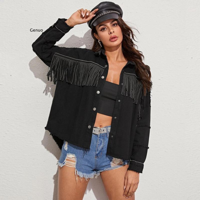 

Women' Jackets Fringe Jacket Women 2023 Stylish Beaded Lapel Spring Autumn Denim Coat Vintage Edging Casual Street Female, Black
