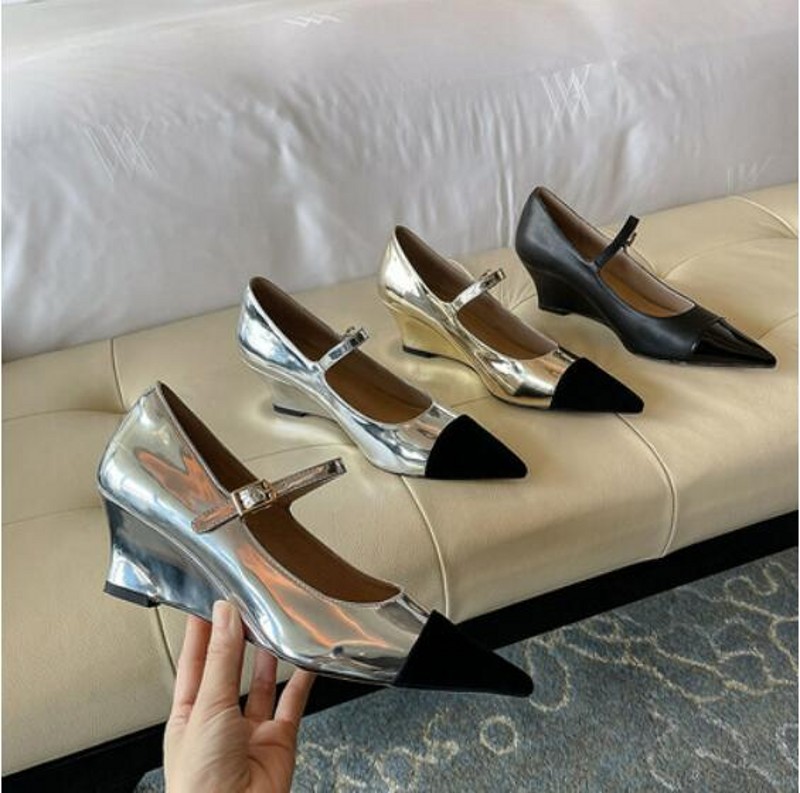

Gold Black Silver Wedge Mary Jane Shoes Women Fashion Buckle Strap Lady Wedding Bridal Dress Shoes Fashion Mixcolor Single Shoes