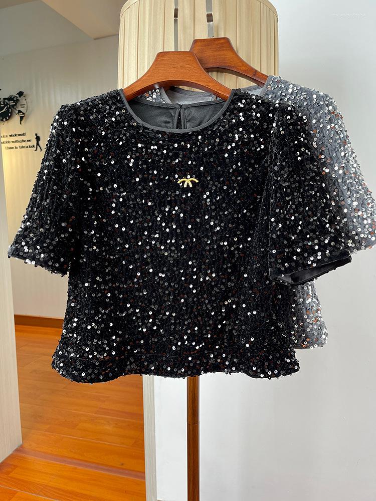 

Women's T Shirts 2023 Spring Summer Chic Women's High Quality Sequins Short Sleeves T-shirt C647, Gray