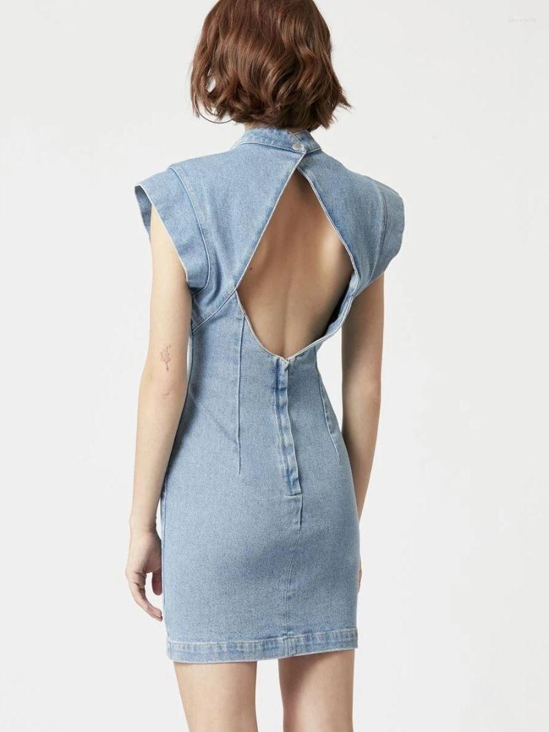

Casual Dresses Women Backless Denim Mini Dress Stand Collar High Waist Slim 2023 Spring Summer Fashion Ladies Short Robes