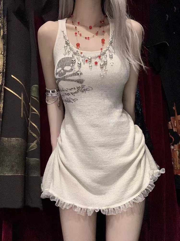 

Casual Dresses AoBiu Knit Y2k Aesthetic Rock Skull Print Sleeveless Tank Mini Dress Women Summer Punk See Through Thin Female Vestidos Mujer 230420, Creamy-white