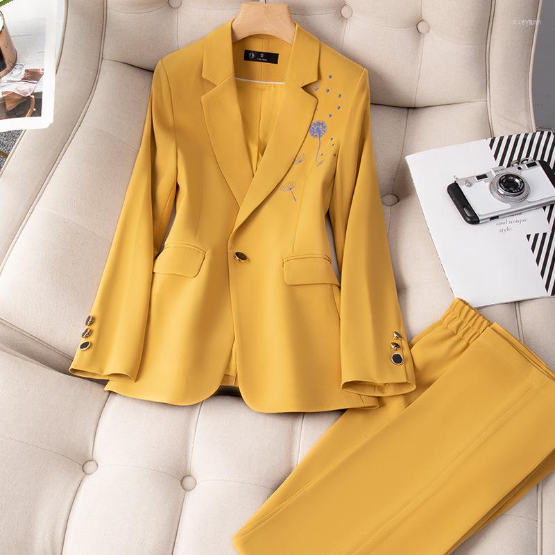 

Women's Two Piece Pants Women's Formal Suit Fashion Pantsuit Simple Solid Color Yellow Red Black Long Sleeve Blazer And Trouser Office, Orange