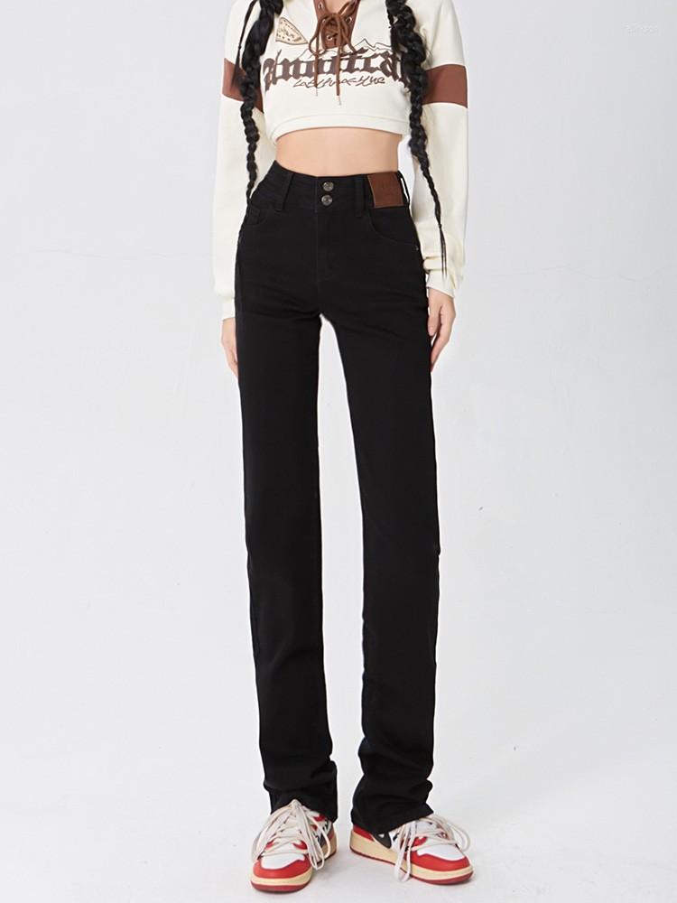 

Women's Jeans GUUZYUVIZ Black High Waist Double Buckle Straight For Women In Autumn And Winter