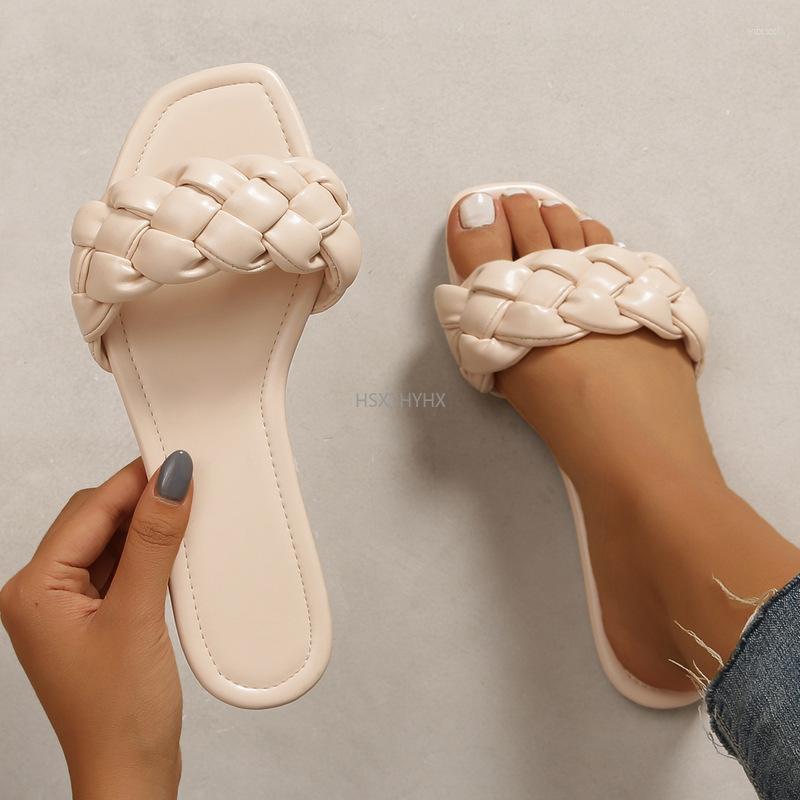 

Slippers 2023 Weave Leather Women Sandal Open Toe Flat Casual Slides Summer Outdoor Beach Female Flip Flops Big Size 42, Black