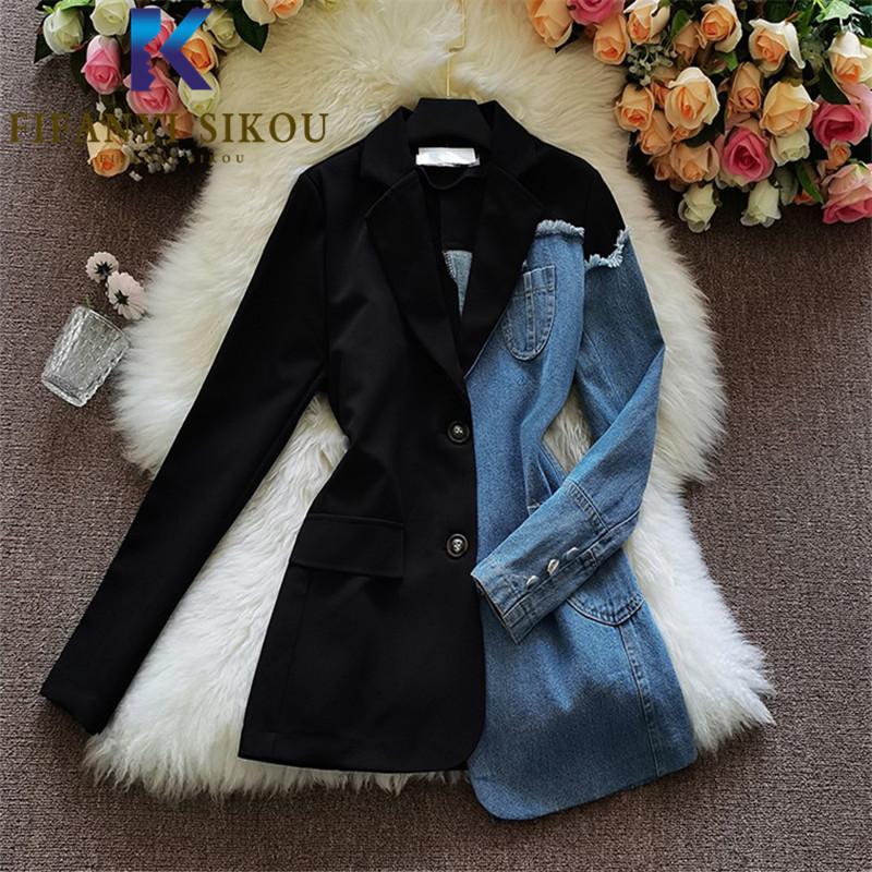 

Pants Denim Spliced Blazer Jacket Women Single Breasted Lapel Black Suit Jacket Asymmetry Fashion Patchwork Loose Blazers Coat Female