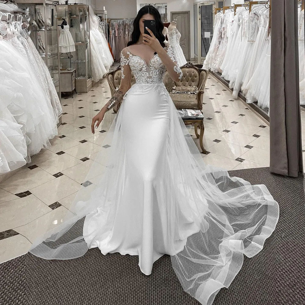 

Cascading Ruffles Detachable Train Mermaid Wedding Dresses Long Sleeve Bead Neck Bridal Gown 2023 Robe De Mariee, Gold