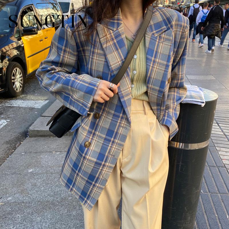 

Pants Sungtin Plaid Loose Casual Blazer Jackets Women Office Lady Work Korean Blazer Suit Coat Vintage Elegant Outwear New Fashion, Blue