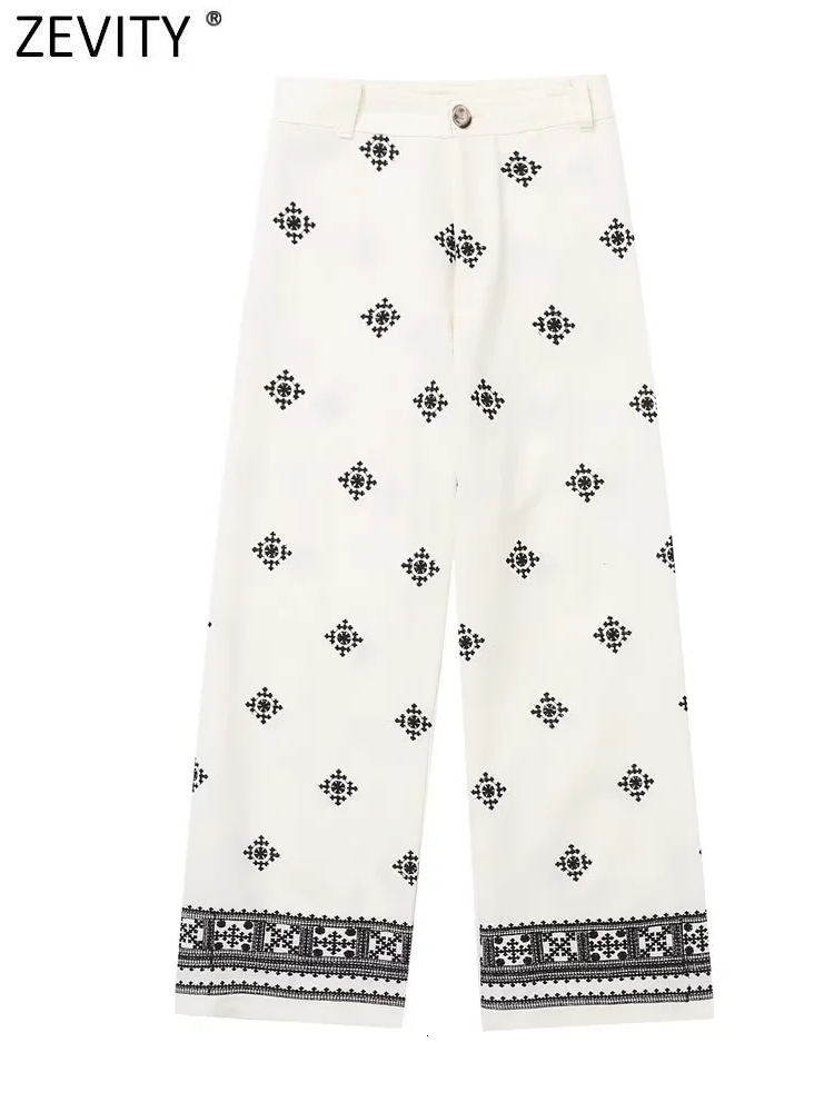 

Women' Pants  Zevity Women Vintage Patchwork Embroidery Casual Linen Wide Leg Female Chic High Waist Zipper Ankle Length Trousers P3976 230419, Beige