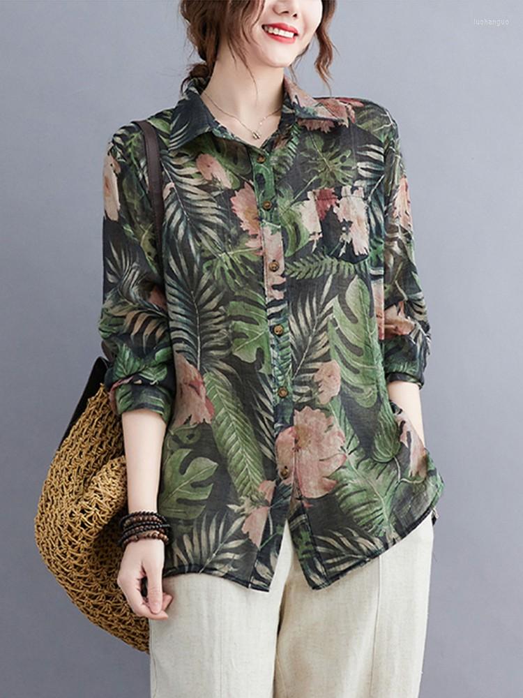 

Women's Blouses Women Long Sleeve Casual Shirts Arrival 2023 Autumn Vintage Style Floral Print All-match Loose Female Tops Shirt B2060, Green
