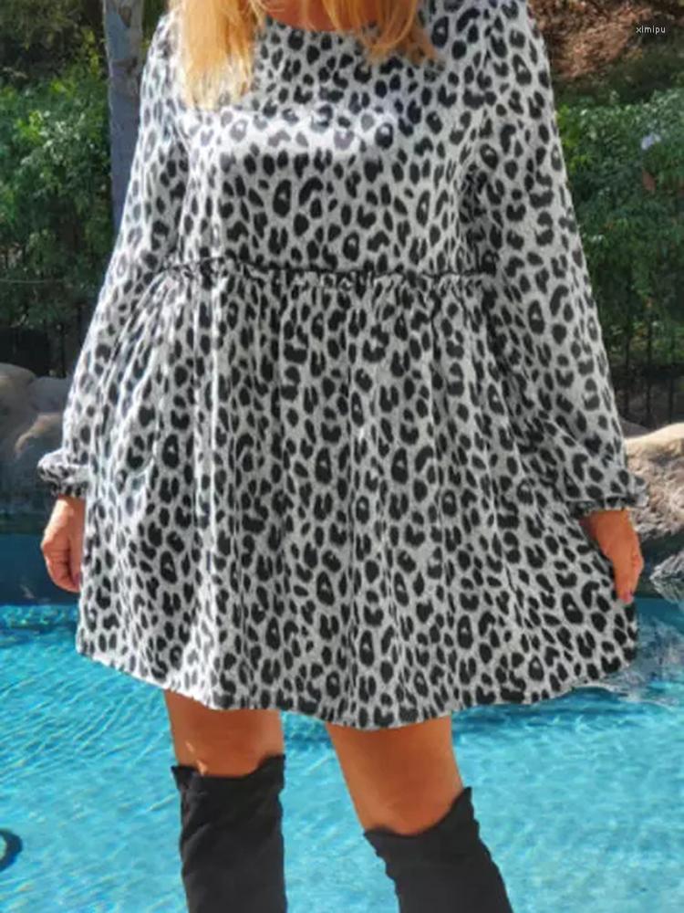 

Casual Dresses 2023 Women' Spring Ruffled Dress Leopard Long Sleeve O Neck Elastic High Waist Swing A-Line Mini Loose Tunic, Black