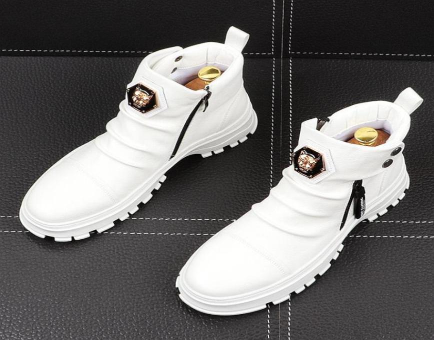 

Men Fashion Casual Shoes Ankle Boots Spring Autumn Punk Style Rivets Trend Male Leather High Top Hip Hop Sneakers white green Foot2793478, Brown