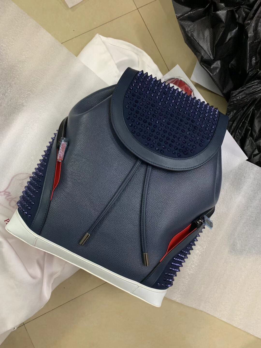 

women men school bags Genuine leather brands Backpack top designer lamb skin spike bag with crystal spins red color bottom black boys girls packbag ups free shipping, Size=40x31x16cm