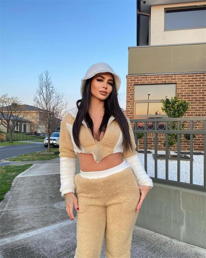 

Women's Two Piece Pants RMSFE 2023 Ladies Autumn And Winter Fashion Velvet Color Matching Long Sleeve Hooded Zipper Casual Set, Khaki