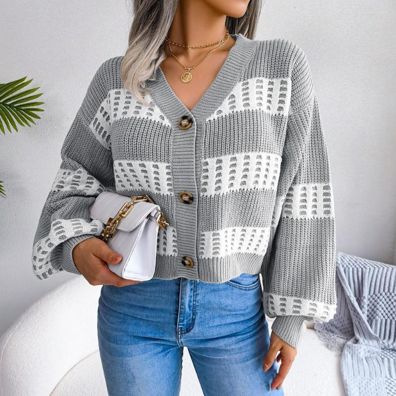 

Women' Knits Autumn Winter Knit Cardigan V-neck Female Sweater European Style Casual Loose Woman Strip, Black