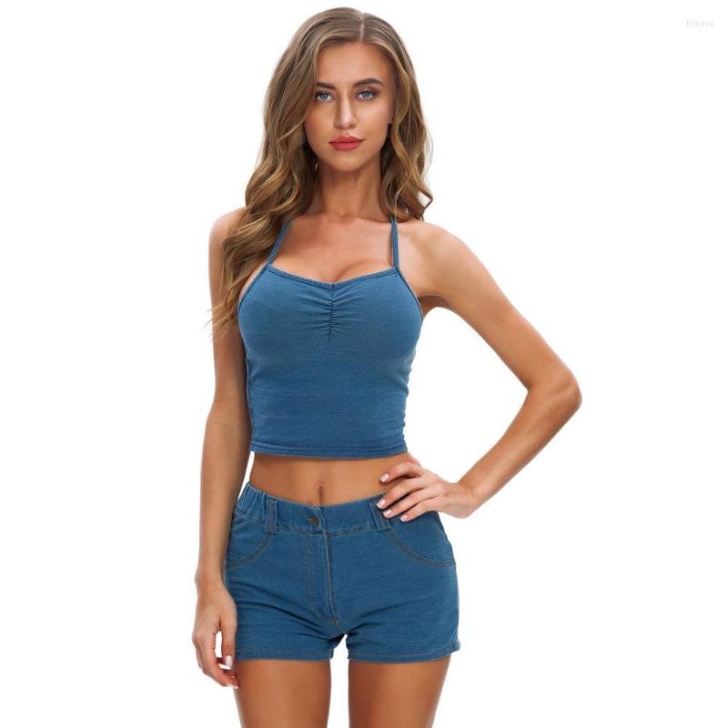 

Women' Two Piece Pants Sexy Women Vest And Shorts Sets Denim Blue Jeans Top Ladies Sports Costumes Slim Elastic, Shorts and top sets