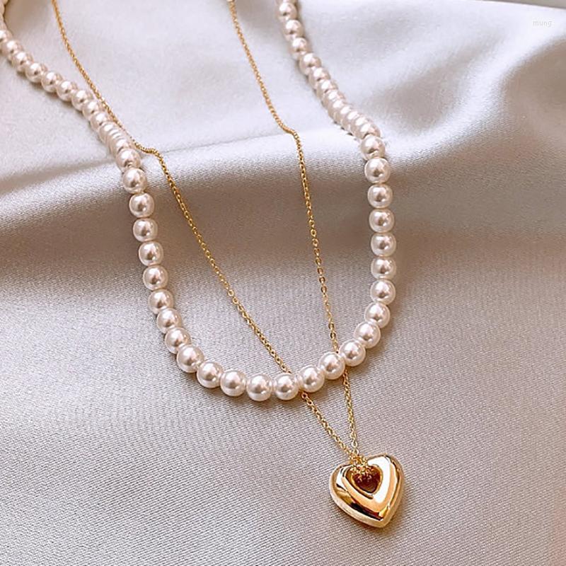 

Pendant Necklaces RAKOL Double Layer Imitation Pearl Heart Necklace For Women Love Collarbone Chain Fashion Party Jewelry Accessories