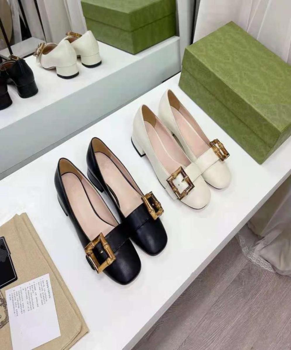 

2021 autumn new style square head single shoe womens French retro thick heels bamboo buckle small leather shoes comfortable low he1048549, Black