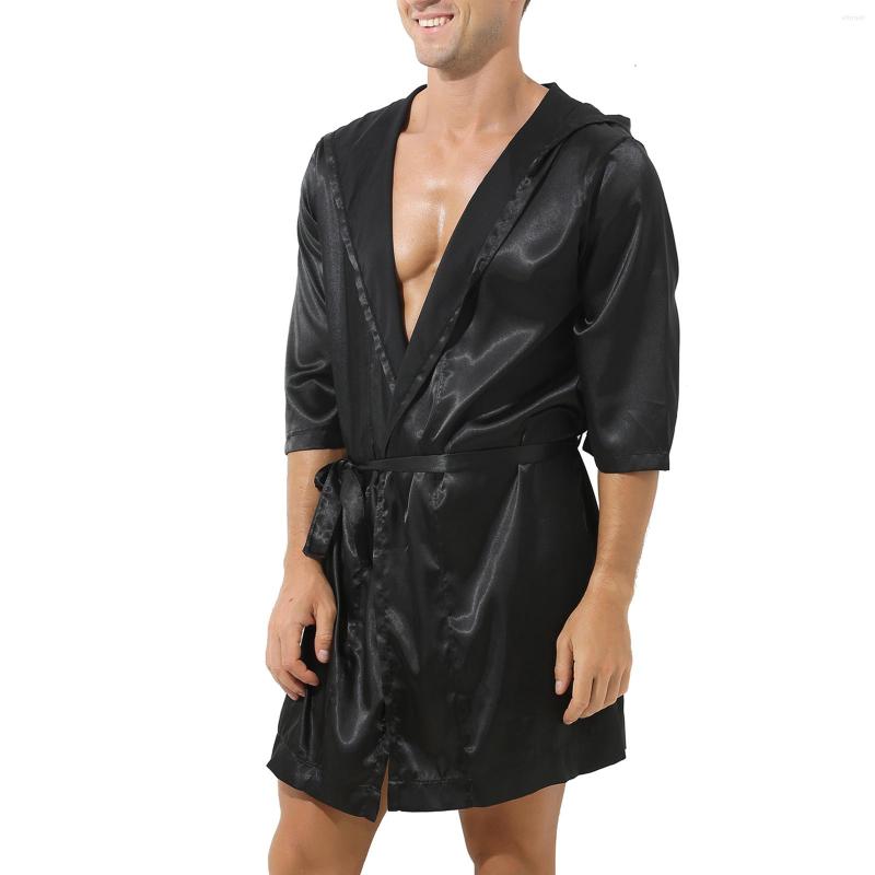 

Men's Sleepwear Pajamas Sexy Pijama Nightwear Hombre Thin Hooded Kimono Long Robe Dress Bathrobe CLEVER-MENMODE Men Bath Satin, Black