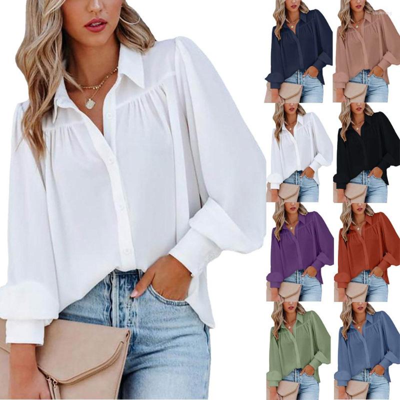 

Women's T Shirts 2023 Spring And Autumn Women's Buttoned Top Lanis Sleeve Pleated Solid Color Stand Up Collar Loose Shirt, White