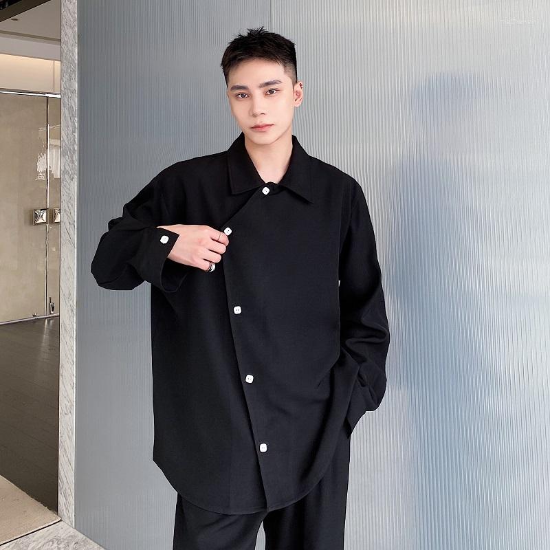 

Men's Casual Shirts 2023 Spring Korean Style Personalized Oblique Placket Men Loose Solid Color -XL, Black