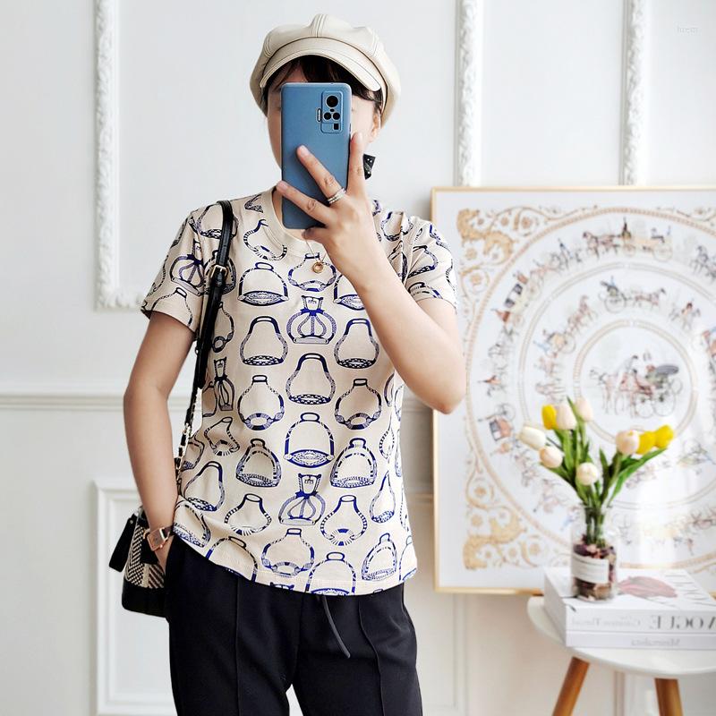 

Women' T Shirts 2023 Summer Combed Cotton Top Women' Vintage Print Round Neck Slim Fit Thin T-Shirt, As the photo
