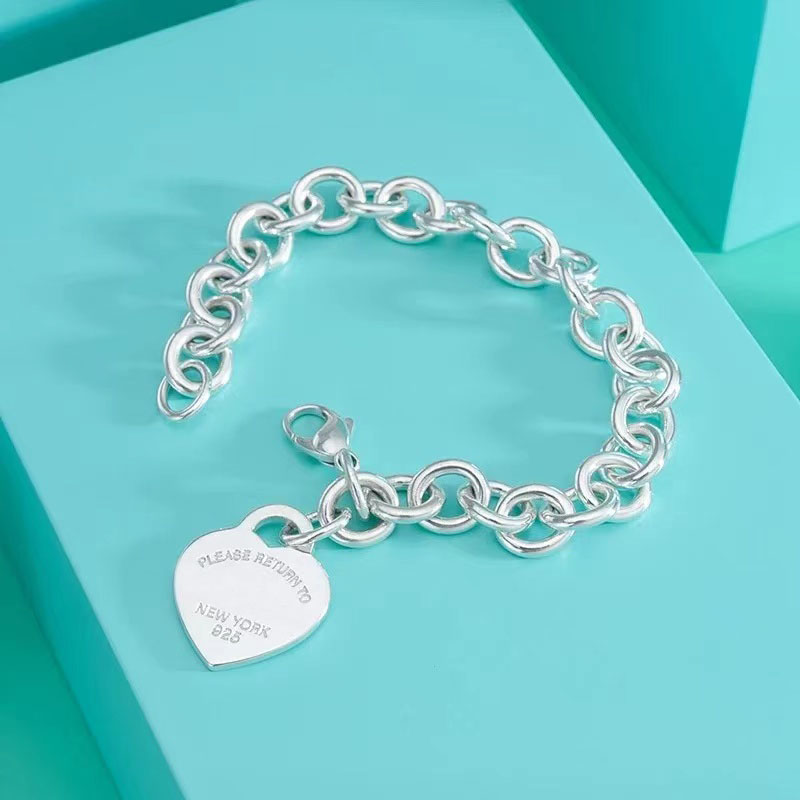 

925 Silver couples heart bracelets women link chain fashion jewelry Ladies 15mm heart tag Bracelet Luxury Classic love bracelets for women Girls Valentine's Day gift