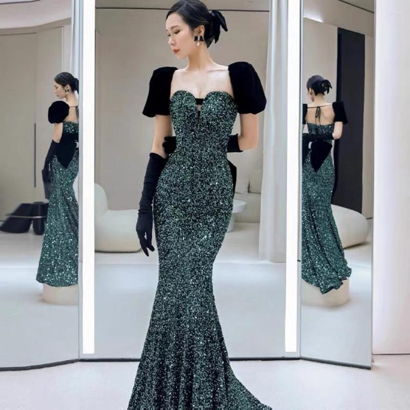 

Runway Dresses Luxury Green Celebrity Mermaid Sequin Sexy Puff Sleeve Bow Shiny Square Collar Formal Women Elegant Evening Party Gowns