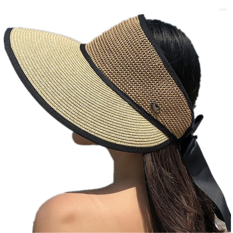 

Wide Brim Hats 2023 Summer Horrow Straw Hat Women Sunscreen Sun Big Bow Empty Top Folding Breathable Beach Cap, Pink