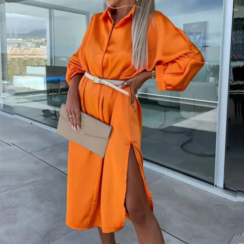 

Casual Dresses Long Sleeve Side Split Solid Club Dress Simple Loose Summer Fashion Satin Women Lapel Commute Shirt Vestidos, 02 orange